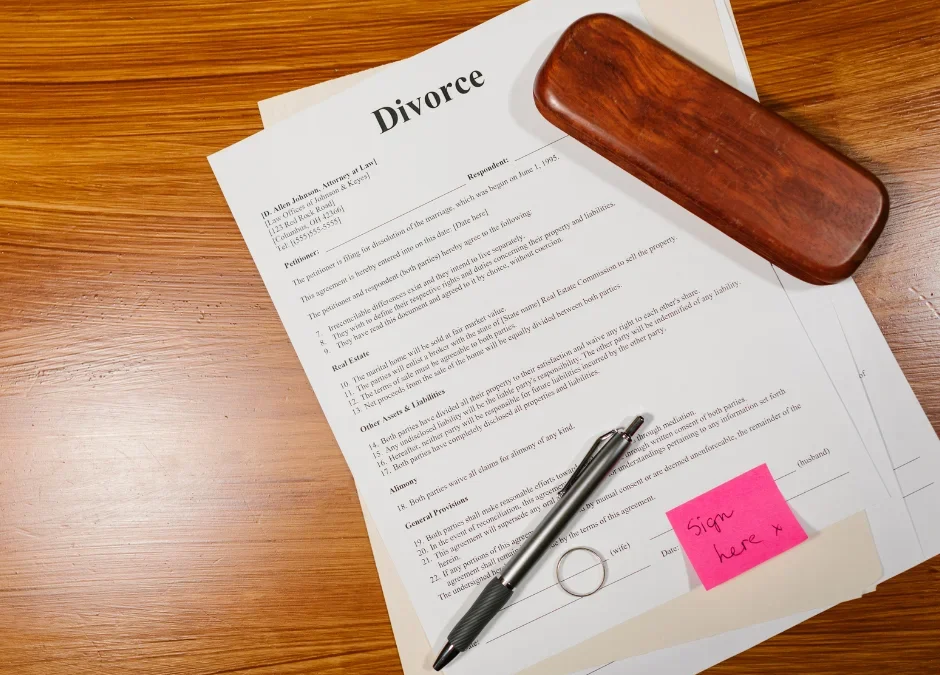 Divorce papers and Ontario court forms on a desk