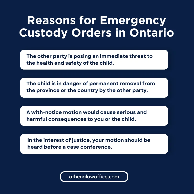 An infographic on the reasons for emergency custody orders in Ontario